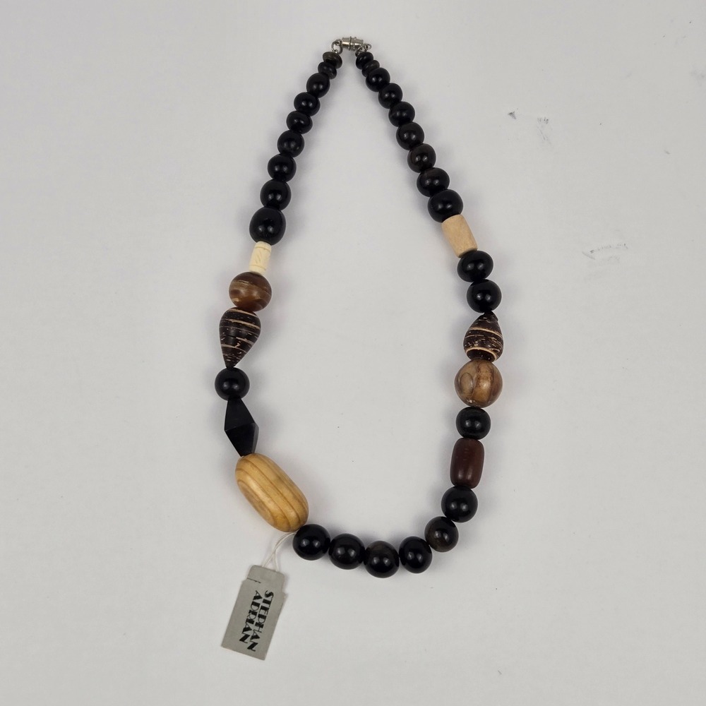 Stephan Adrian Chunky Mixed Media Beaded Necklace Wood Bone Resin Statement Blac